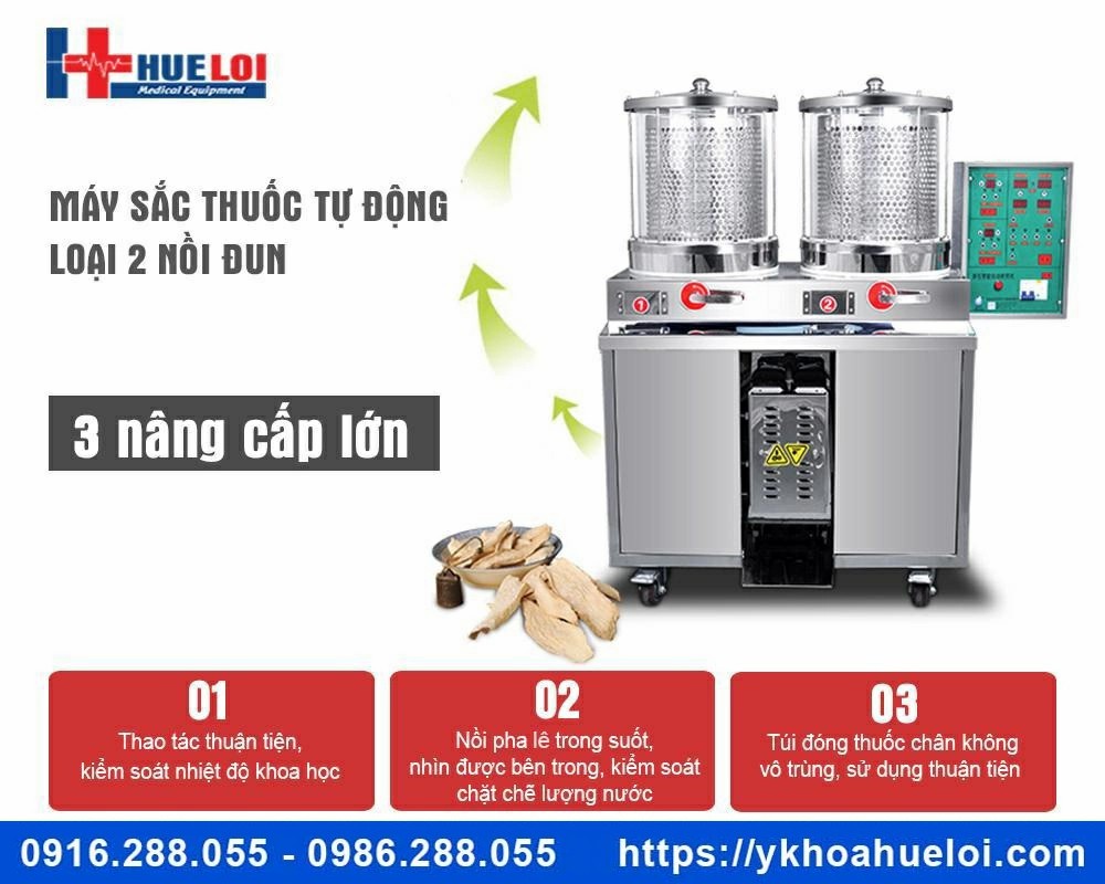 Máy sắc thuốc 2 nồi đun kèm đóng túi tự động